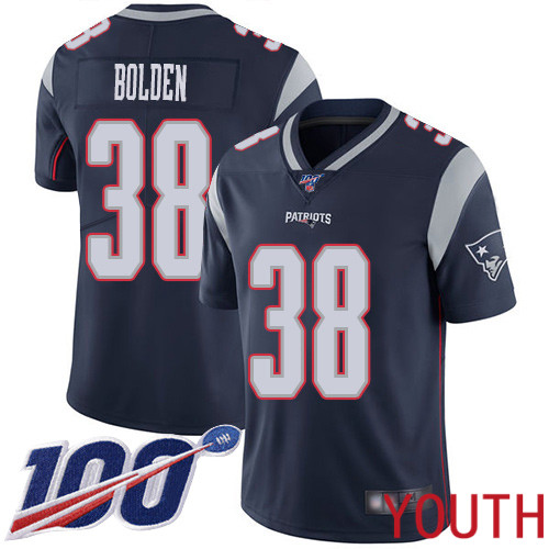 New England Patriots Football #38 100th Limited Navy Blue Youth Brandon Bolden Home NFL Jersey->youth nfl jersey->Youth Jersey